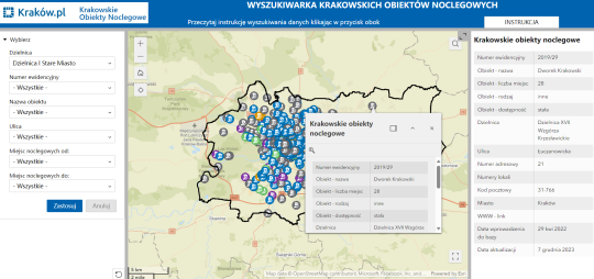 Wyszukiwarka na mapie Krakowskich Obiektów Noclegowych